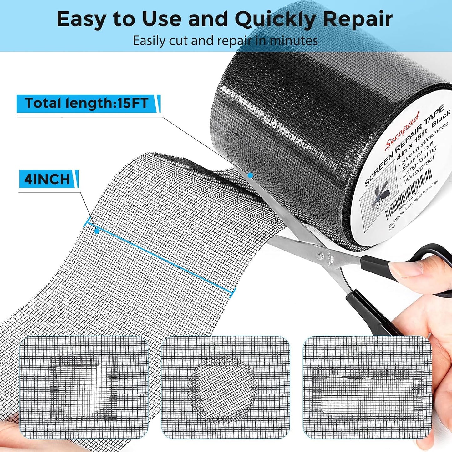 Secopad Grey Window Screen Repair Kit, 4 in X 30 FT (360IN) Screen Repair Tape for Windows or Doors, Strong Adhesive Fiberglass Mesh Patch Tape