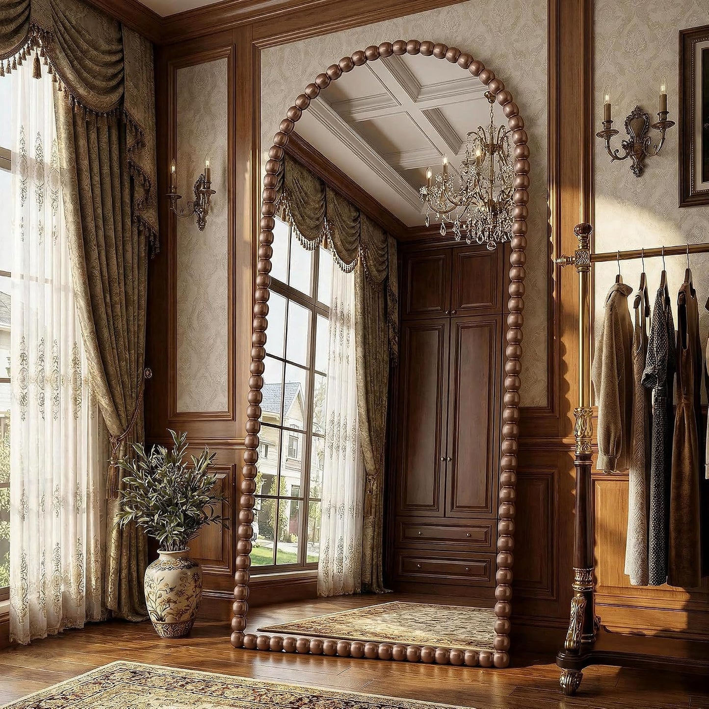 Antok 58" x 21" Arched Full Length Mirror, Antique Beaded Frame Floor Standing or Wall Mounted Mirror with Stand for Bedroom, Entryway, Brown, Luxury Style