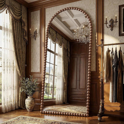 Antok 58" x 21" Arched Full Length Mirror, Antique Beaded Frame Floor Standing or Wall Mounted Mirror with Stand for Bedroom, Entryway, Brown, Luxury Style