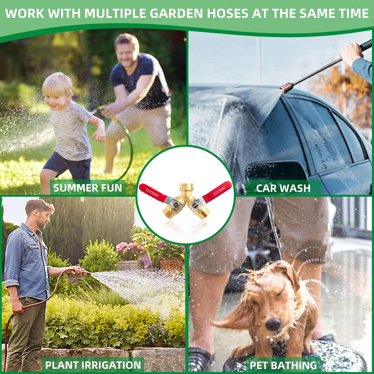 Upgrade Brass Garden Hose Splitter 2 Way Heavy Duty Y Valve With Stainless Steel Long Handle,4 Leakproof Washers,2 Connector,1 Tape As Gift,3/4" GHT Thread Water Hose Adapter