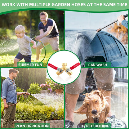 Upgrade Brass Garden Hose Splitter 2 Way Heavy Duty Y Valve With Stainless Steel Long Handle,4 Leakproof Washers,2 Connector,1 Tape As Gift,3/4" GHT Thread Water Hose Adapter