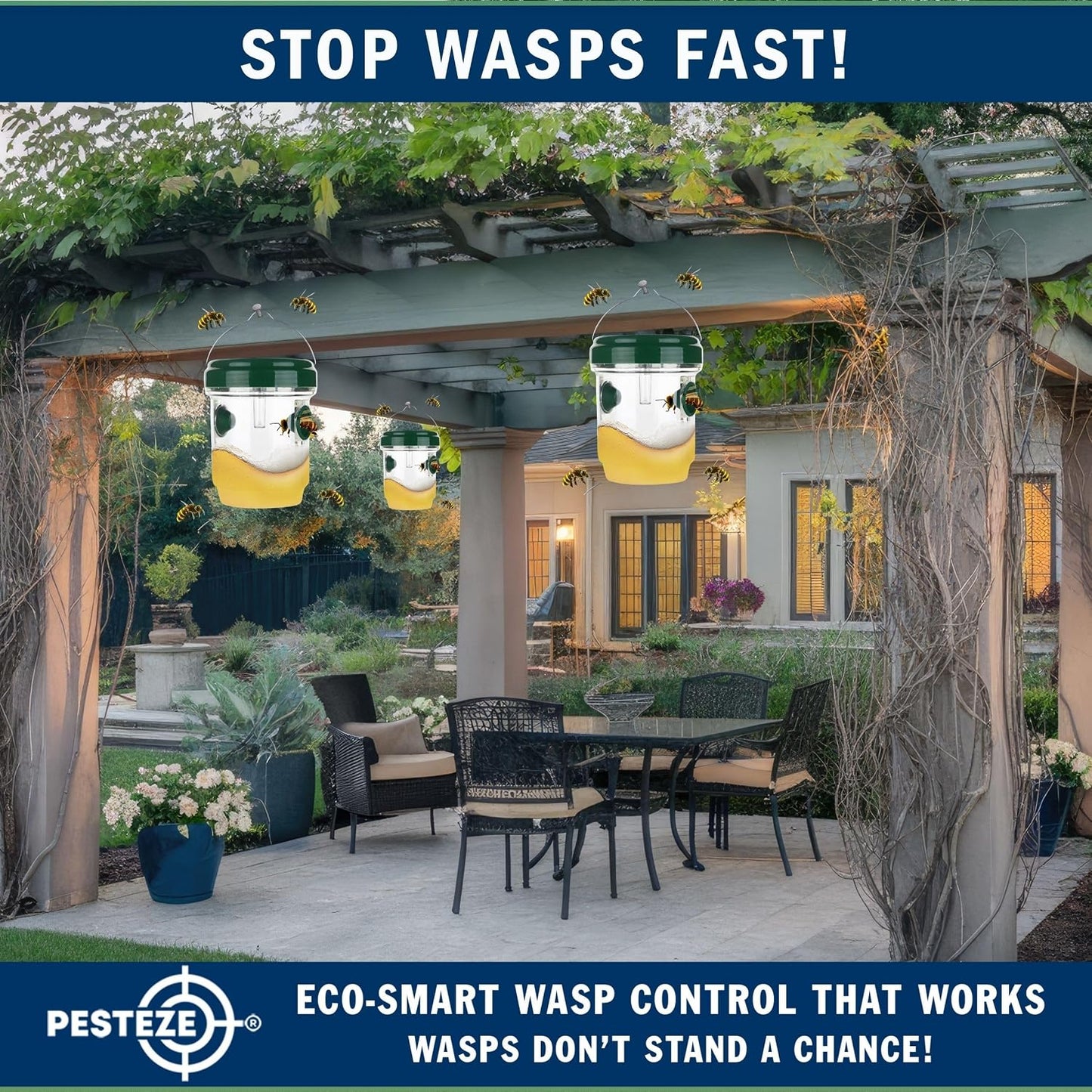 2 Pack PESTEZE Reusable Solar Hanging Wasp Trap with LED Light [Green Color: 3.5 X 4.4 Inch] Attracts, Catches Wasp, Hornet, Yellow Jacket & Insect Species 24/7. Waterproof & Durable