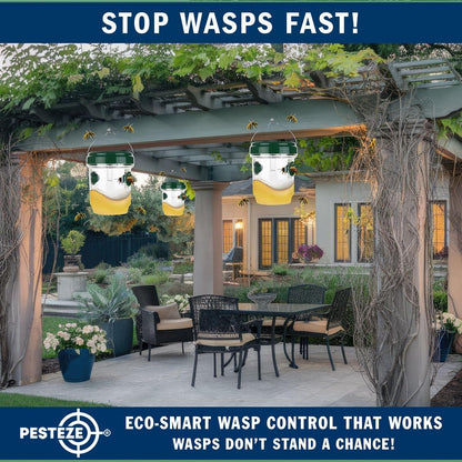 2 Pack PESTEZE Reusable Solar Hanging Wasp Trap with LED Light [Green Color: 3.5 X 4.4 Inch] Attracts, Catches Wasp, Hornet, Yellow Jacket & Insect Species 24/7. Waterproof & Durable