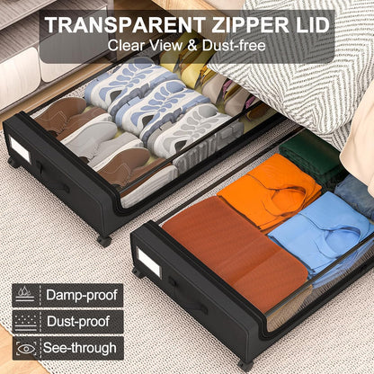 GoMaihe Under Bed Storage with Wheels: 48L Underbed Storage Containers with Lids - Rolling Bins for Shoes Clothes in Dorm Bedroom - Metal Drawers Easy Pull-out Grey 2-Pack