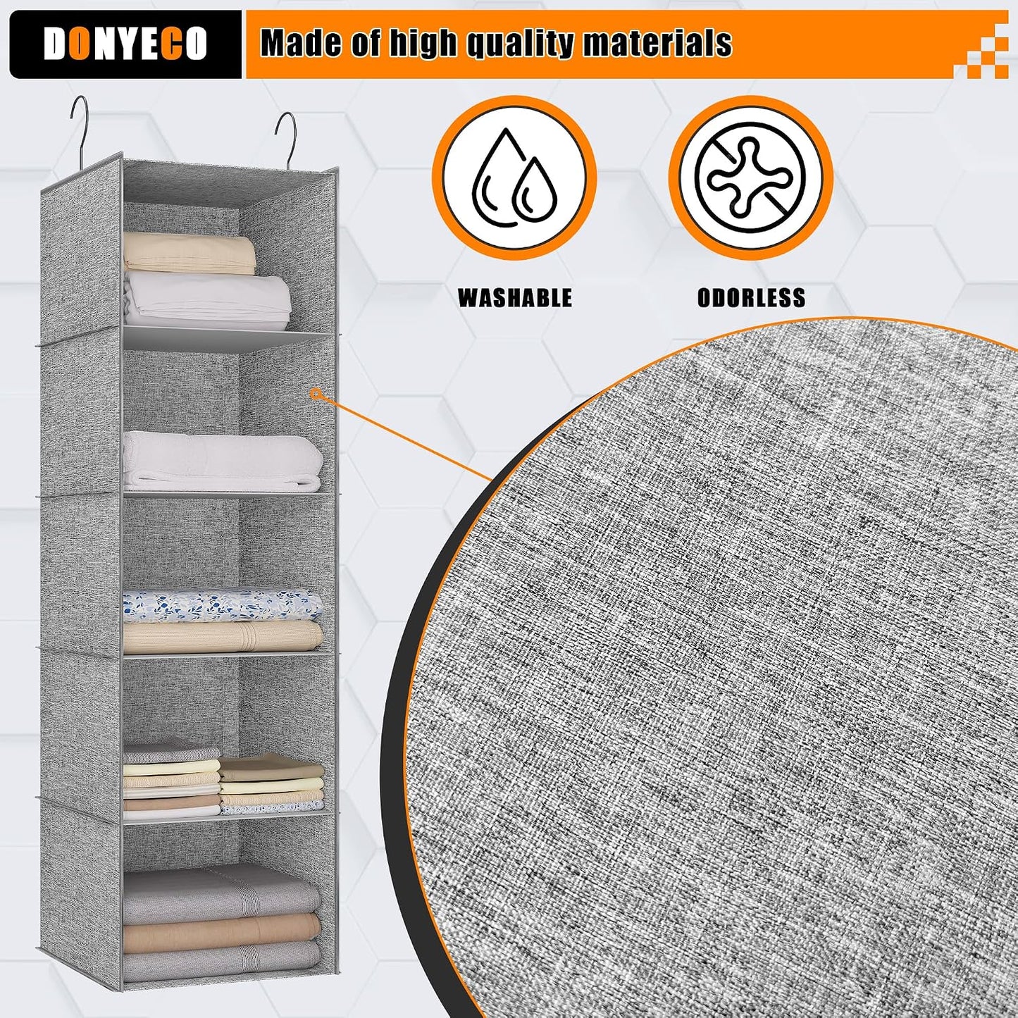 Hanging Closet Organizer 3-Shelf, Oxford Fabric Wardrobe Storage, Gray | Easy-mount foldable design holds clothes, handbags, shoes & accessories; washable Oxford fabric, sturdy and space-saving.