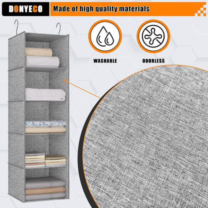 Hanging Closet Organizer 3-Shelf, Oxford Fabric Wardrobe Storage, Gray | Easy-mount foldable design holds clothes, handbags, shoes & accessories; washable Oxford fabric, sturdy and space-saving.