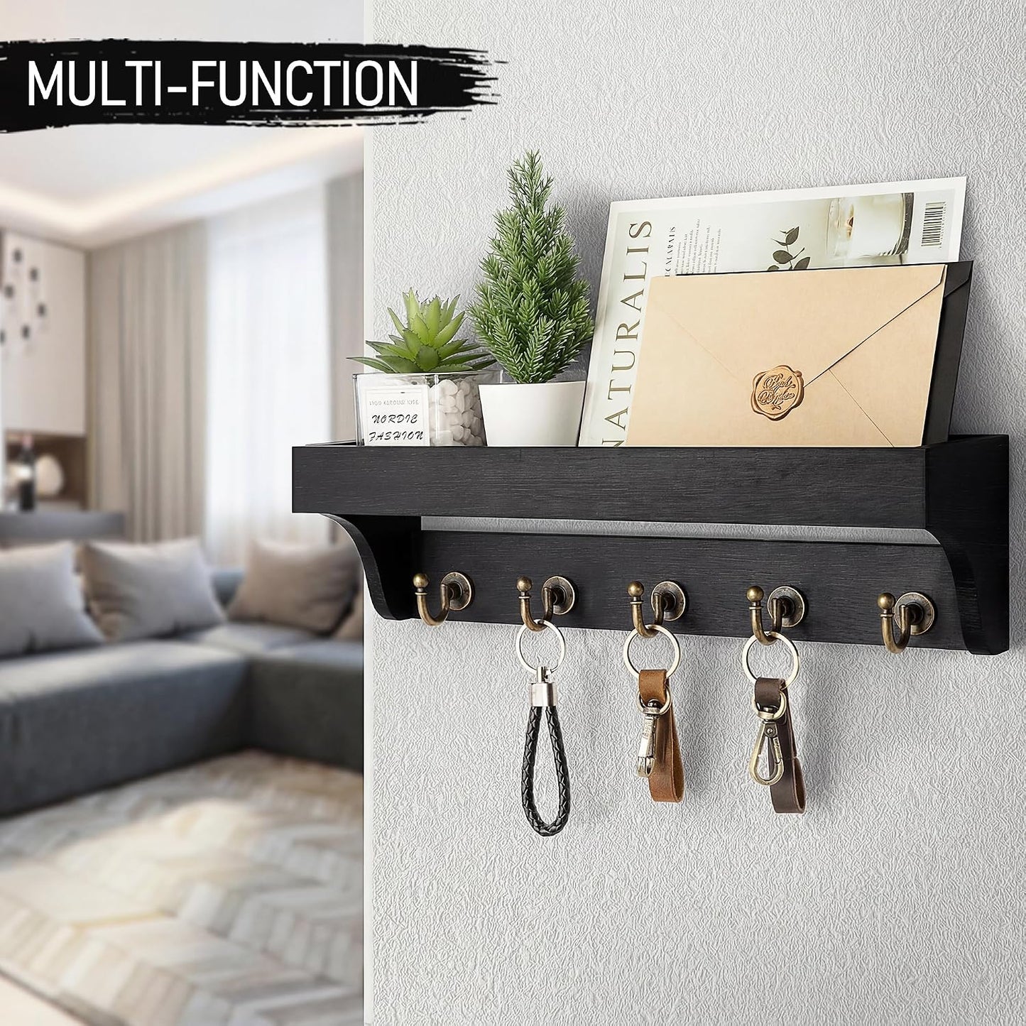 Rebee Vision Farmhouse Key Holder for Wall - Decorative Wooden Mail Organizer with 5 Rustic Key Hooks and Floating Shelf for Home Decor, Hallway, Entryway, Appartment (Retro Brown)