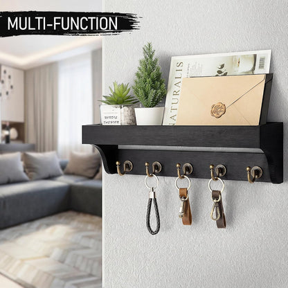 Rebee Vision Farmhouse Key Holder for Wall - Decorative Wooden Mail Organizer with 5 Rustic Key Hooks and Floating Shelf for Home Decor, Hallway, Entryway, Appartment (Retro Brown)