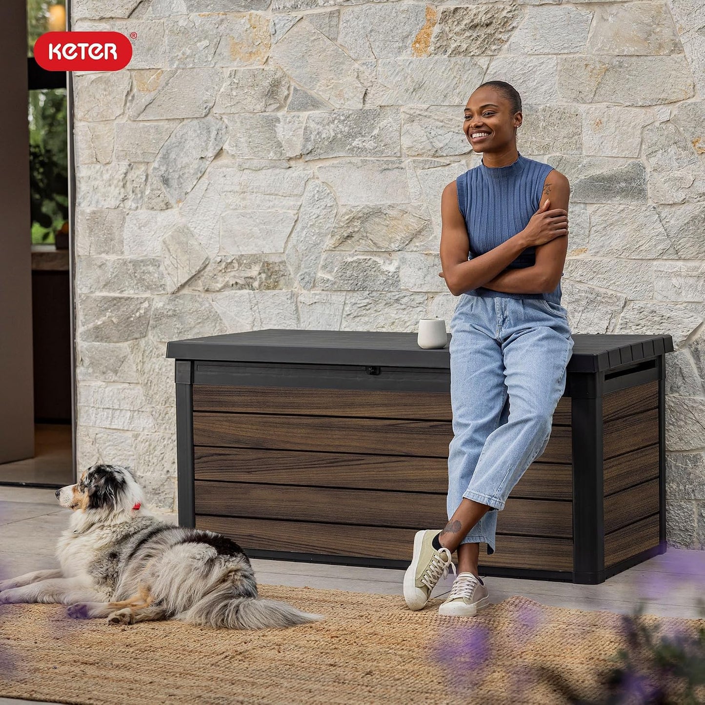 Keter Signature Everwood 30 Gallon Resin Outdoor Storage Box and Patio Furniture Side Table for Pool and Garden Accessories, Walnut