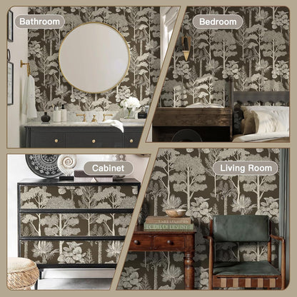 Safiyya Peel and Stick Wallpaper Beige Forest Contact Paper 17.3" x 118" Vintage Tree Wall Paper Renter Friendly Self Adhesive Removable Wallpaper for Bathroom Vinyl Off-White