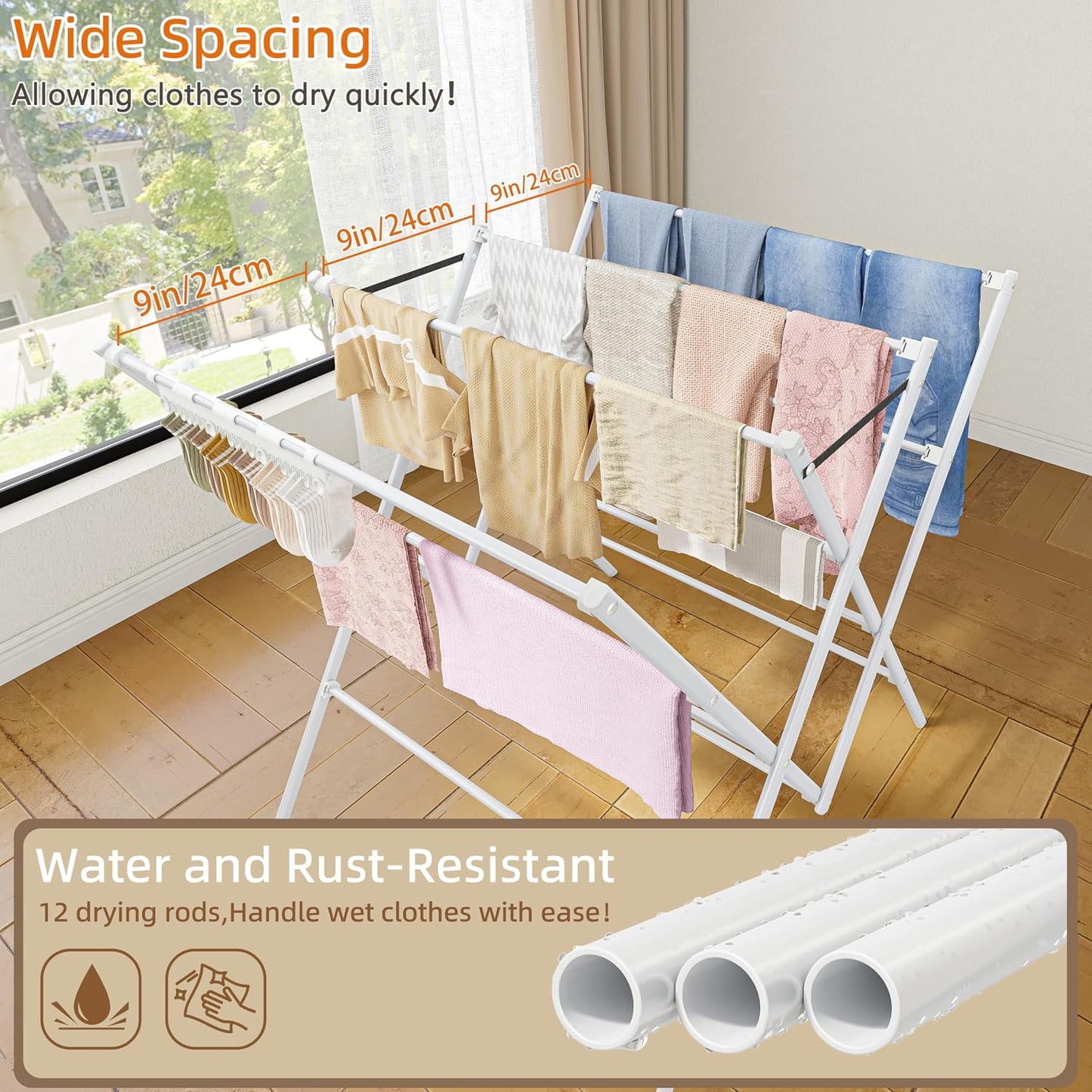 HOMIDEC Drying Rack Clothing,Large 12 Drying Poles with Sock Clips Clothes Drying Rack,Foldable Portable Laundry Drying Rack for Air Drying Clothing,Towels,Delicate Eac,Indoor Outdoor Use.Silver