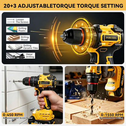 21V Brushless Cordless Drill Set, 35N.m Max Torque | 118Pcs Household Tool Kit, 2×21V 2.0Ah Batteries, Fast Charger, 2 Variable Speed, 20+3 Clutch Settings, Home Repair, DIY Gift