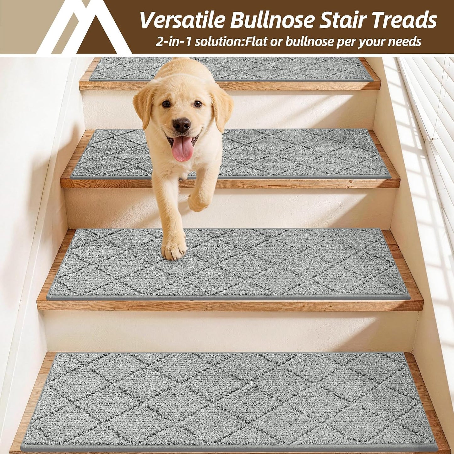 Self Adhesive Bullnose Carpet Stair Treads Non Slip,Grey,11"x30",3 Pack | Pet Friendly, Peel and Stick Stair Treads for Wooden Steps, Washable Stair Runner for Kids Elders, Edge Protection