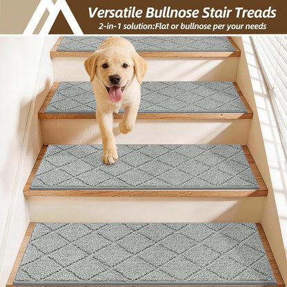 Self Adhesive Bullnose Carpet Stair Treads Non Slip,Grey,11"x30",3 Pack | Pet Friendly, Peel and Stick Stair Treads for Wooden Steps, Washable Stair Runner for Kids Elders, Edge Protection