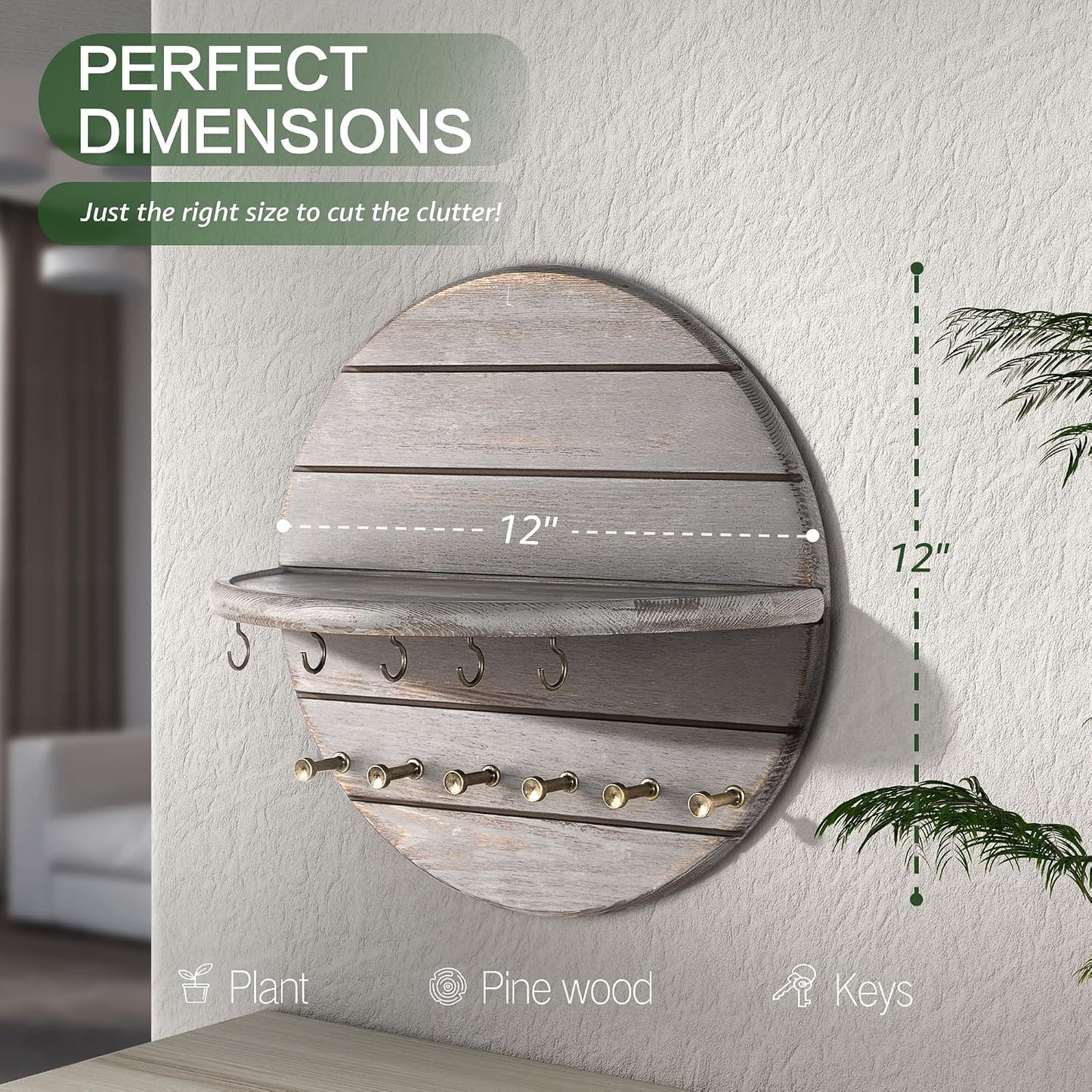Rebee Vision Pine Wood Key Holder Wall Mount – Rustic Wooden Key Hooks for Wall with Shelf – Decorative Mail Organizer, Coat Rack & Dog Leash Holder for Home Decor, Entryway and Living Room (Brown)