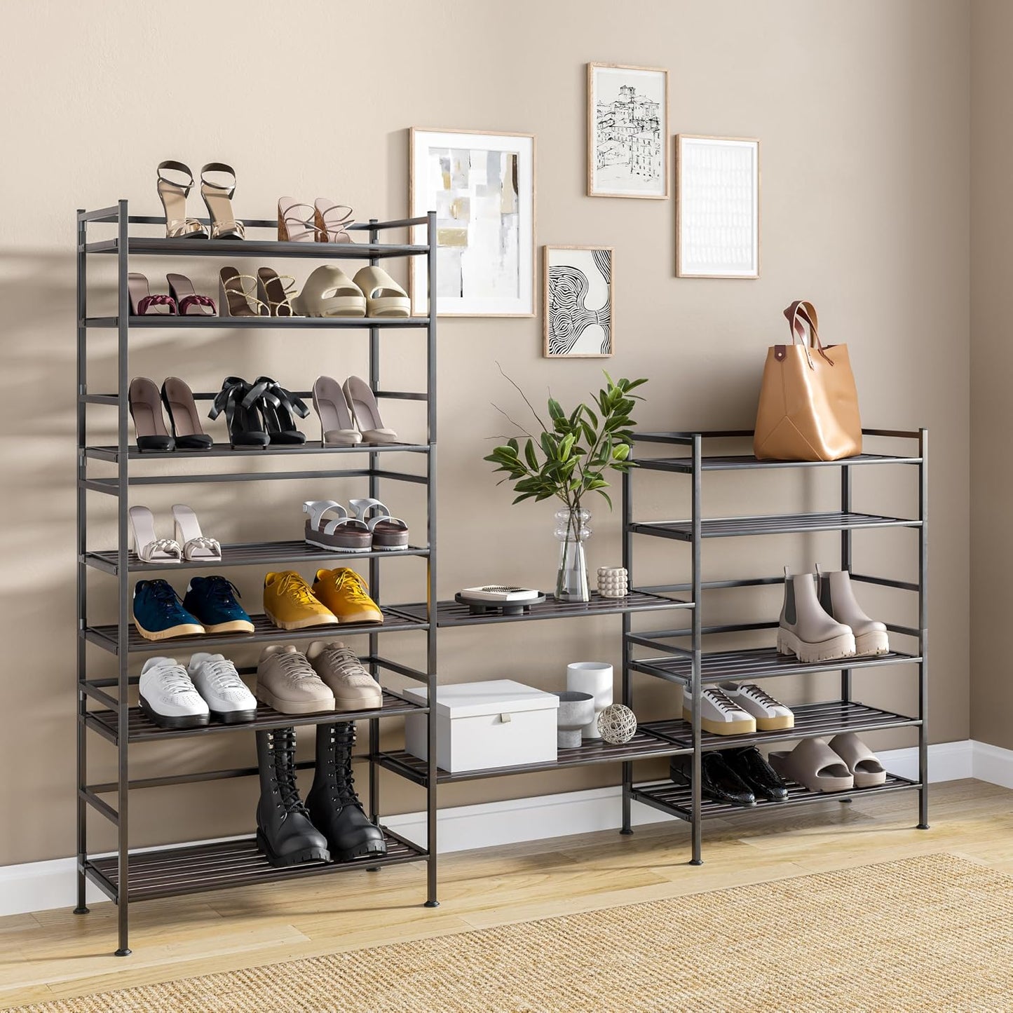 Seville Classics Sturdy Freestanding Storage Shelf for Bedroom, Closet, Entryway, Dorm Room Organizer Stackable Durable Metal Shoe Rack Ash Gray Slat, 3-Tier