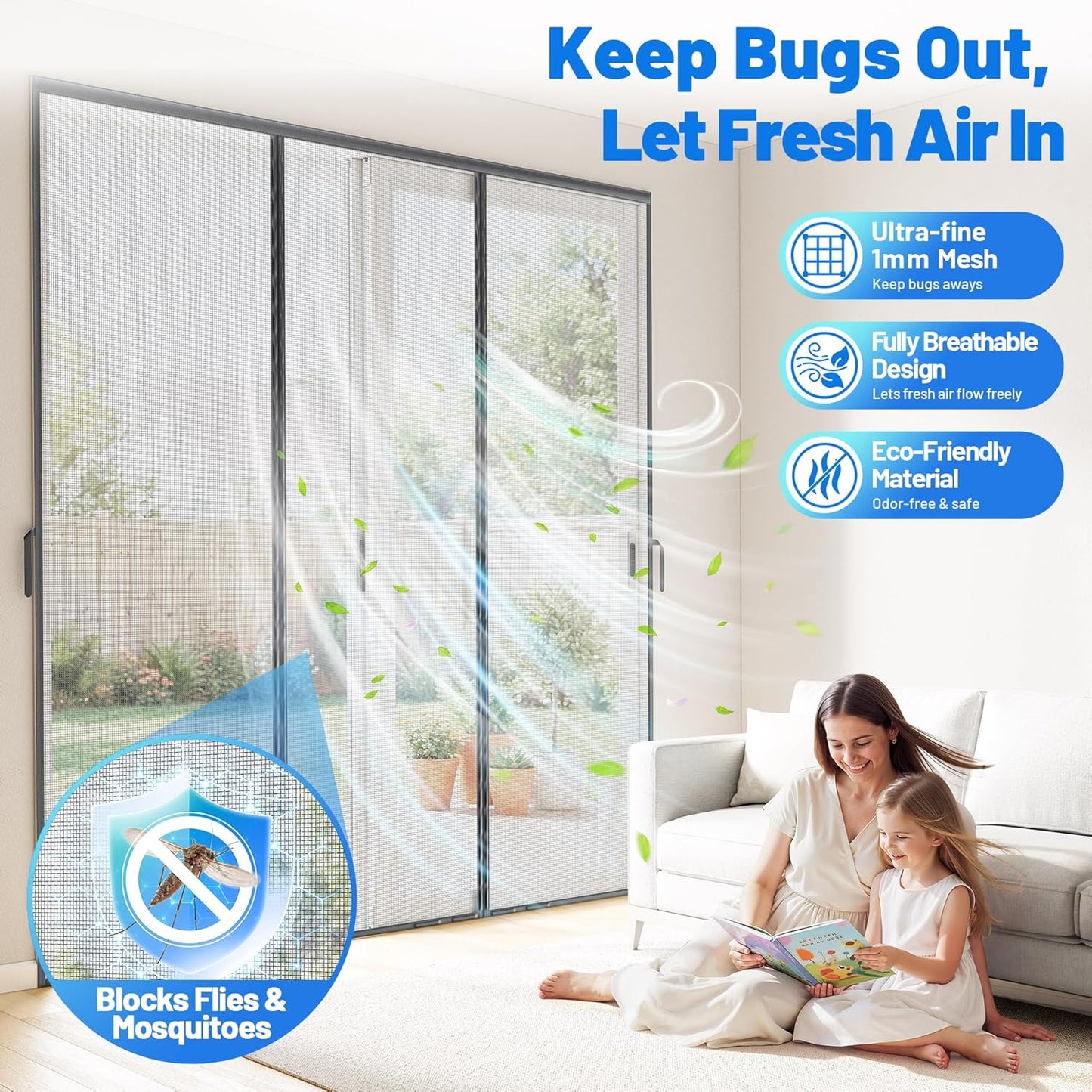 Heavy Duty Magnetic Screen Door Mesh - Auto-Sealing Hand-Free Door Net Screen with 50 Magnets, Pet & Kid Friendly, PET Fine Mesh Doors Screens Keep Bugs & Mosquitos Out Fits Front Doors Size 36” x 82”