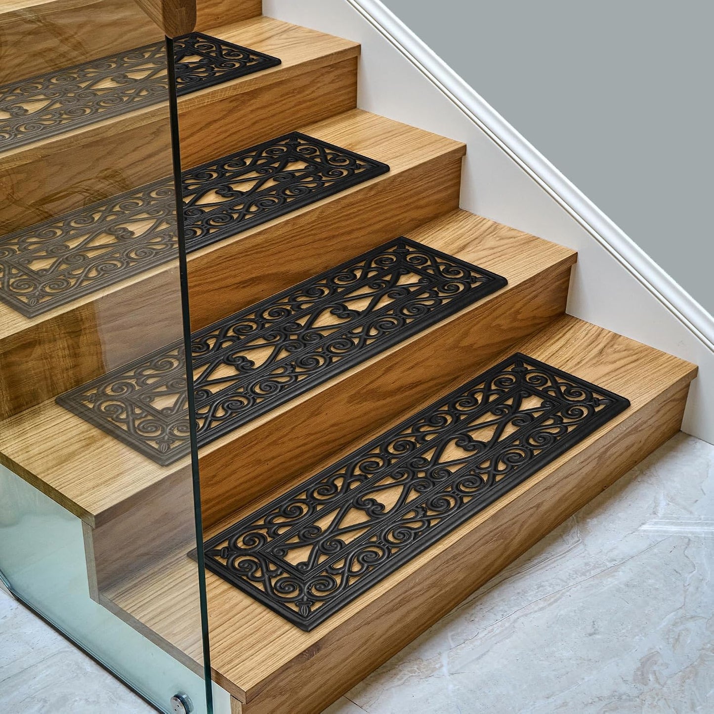 Ottomanson Non Slip Stair Treads Indoor – Peel and Stick Carpet Stair Treads for Wooden Stairs, Self Adhesive Anti Slip Stair Pads for Kids & Pets – 7.9" x 29.9", 7 Pack – Black