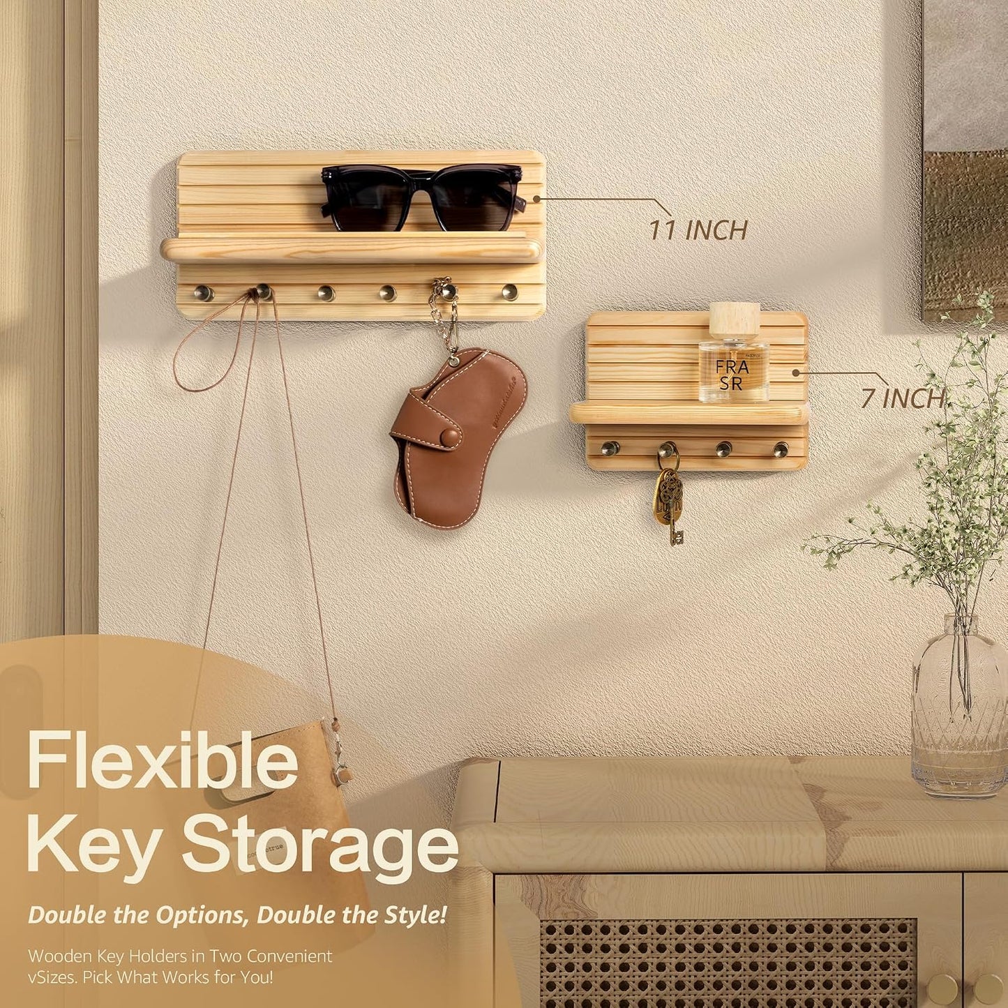 Rebee Vision Farmhouse Key Holder Wall Mount for Home Decor – Decorative Pine Wooden Key Holder for Wall with 6 Hooks & Floating Shelf - Rustic Charm for Room Decor Aesthetic (Brown)