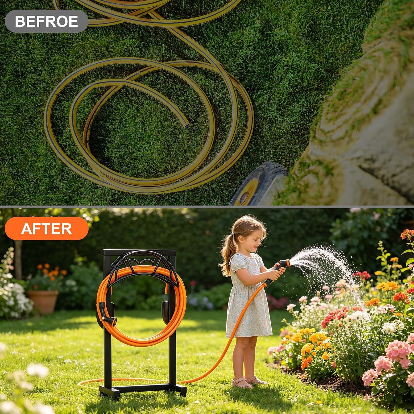 VyGrow Garden Hose Holder, Freestanding Heavy Duty Water Hose Holder for Outside, Upgraded Metal Hose Stand with 4 Spikes, Detachable Garden Hose Storage Hose Reel Rack, Black