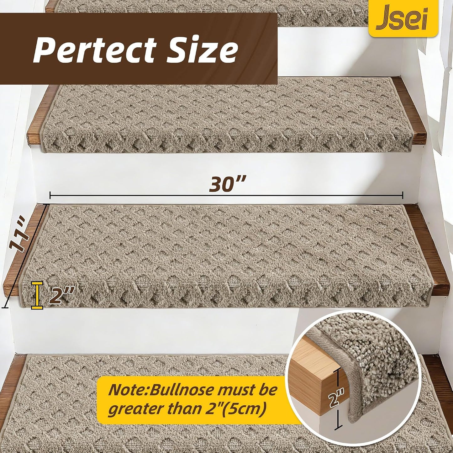 JSEI Bullnose Carpet Stair Treads, 14 Pcs Non Slip Stair Treads for Wooden Steps Indoor with TPE Backing, 11" x 30" Machine Washable Stair Runners with Edge Protection for Kids, Elders and Pets, Beige