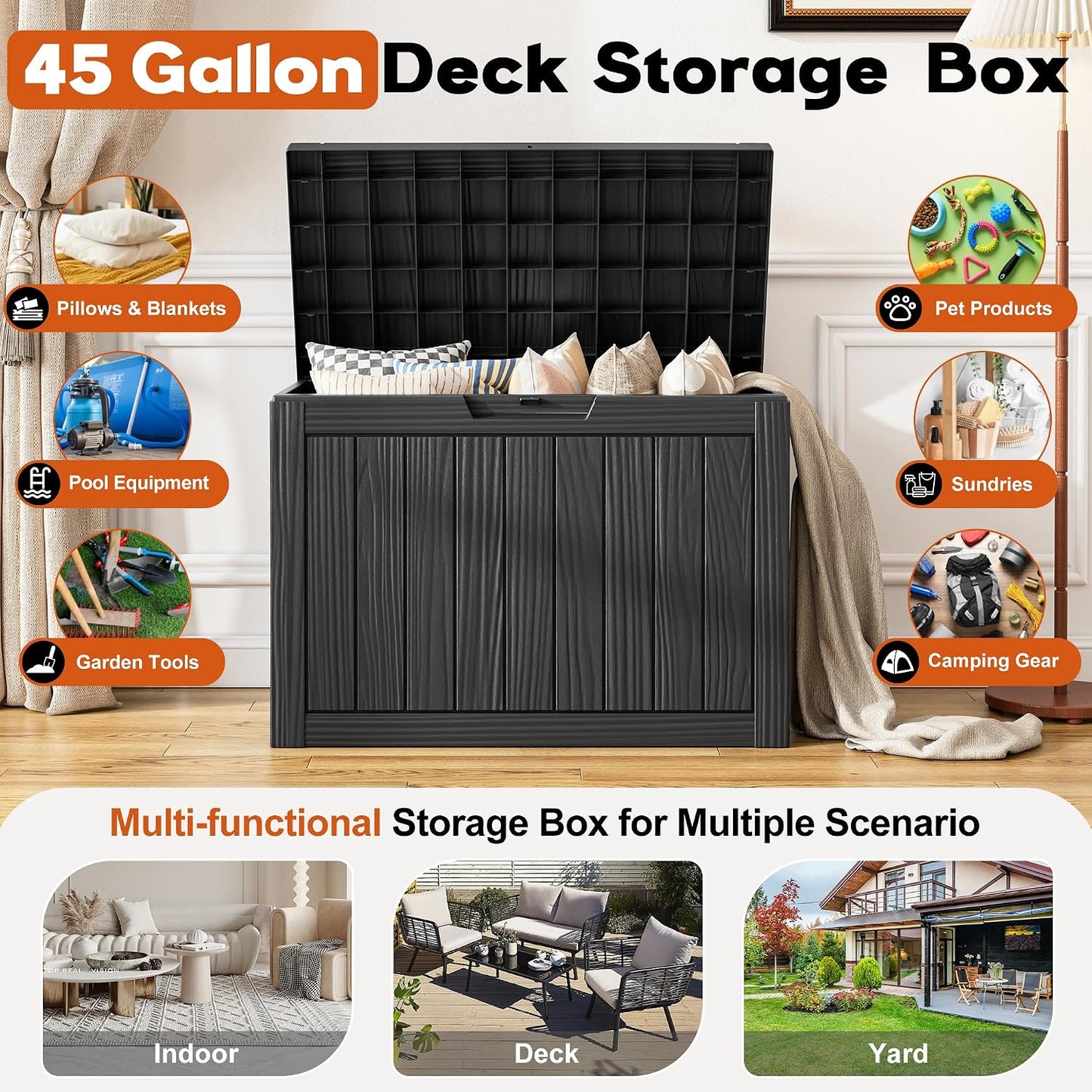 Outdoor Storage Deck Boxes Waterproof, Waterproof and UV Resistant Outdoor Storage Box Lockable Lid for Delivery Box, Indoor, Garden Tools, Pool Supplies, Patio (Black, 31 Gallon)