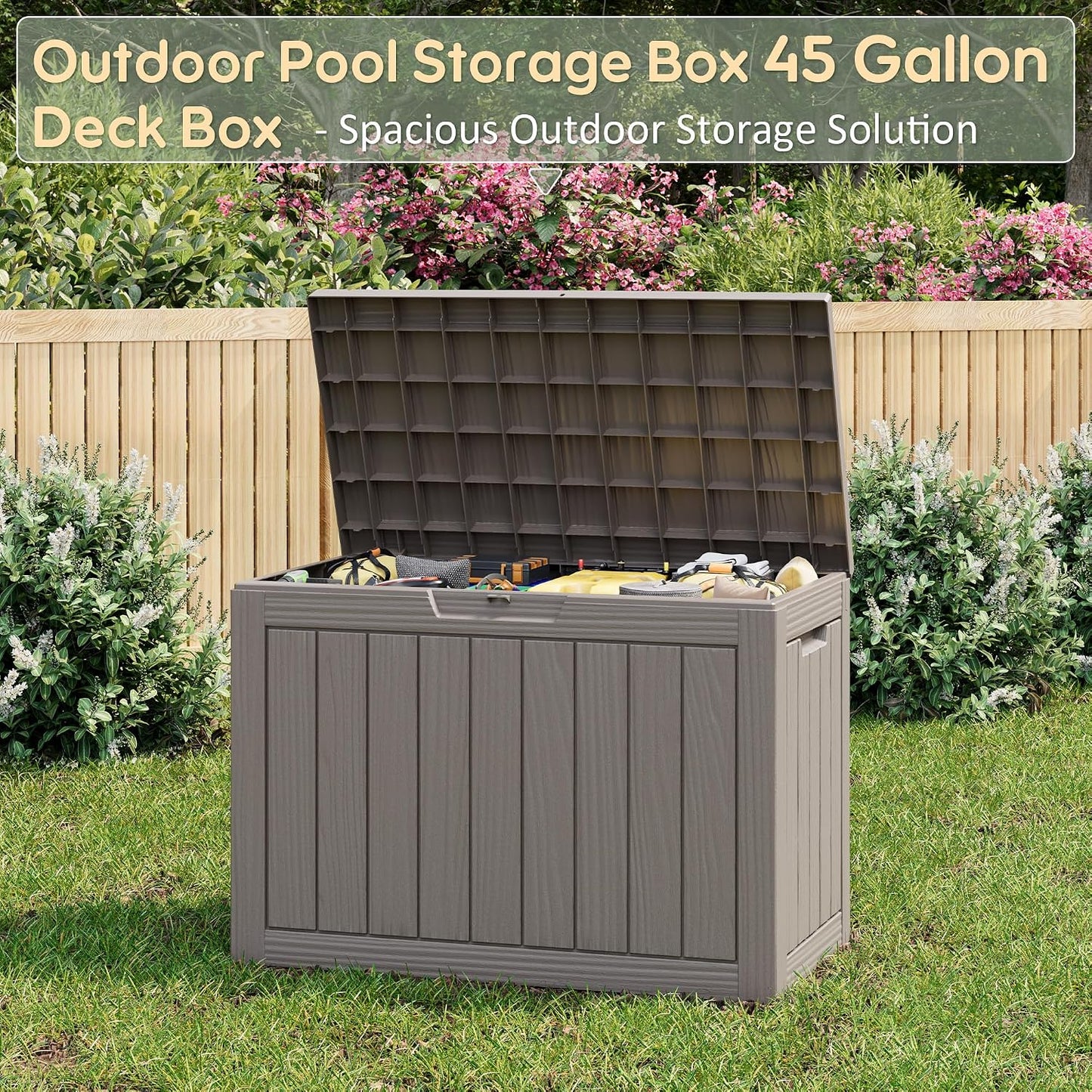 NUNU LAB Outdoor Storage Box, 45 Gallon Outside Deck Box Waterproof, Resin Outdoor Storage Cabinet With Lockable Lid, Backyard Storage Bench For Garden Tools, Patio Cushions, Pool Tools, Black