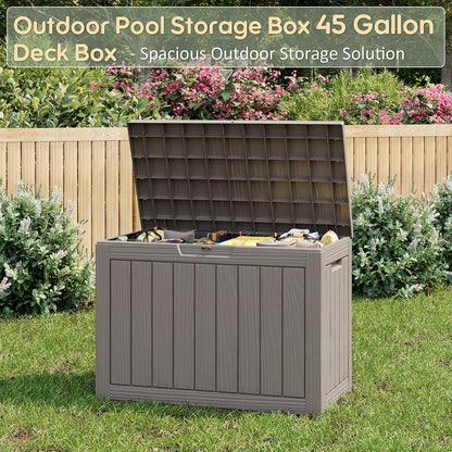 NUNU LAB Outdoor Storage Box, 45 Gallon Outside Deck Box Waterproof, Resin Outdoor Storage Cabinet With Lockable Lid, Backyard Storage Bench For Garden Tools, Patio Cushions, Pool Tools, Black