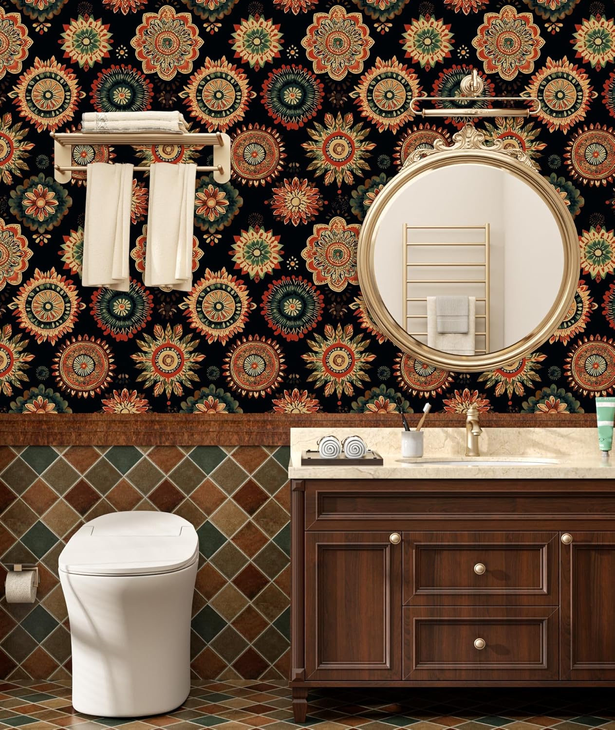 BOKEBEVE Leaves Contact Paper Floral Wallpaper Stick and Peel Boho Damask Wall Paper for Liner Drawer Cabinet Backsplash Renter Friendly Waterproof 17.5 x 118In