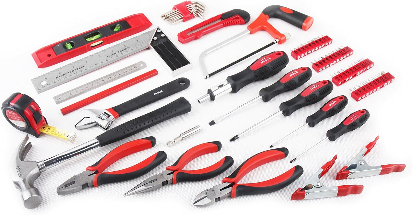 Apollo Tools 71 Piece Complete Household Tool Set with Clamp, Hacksaw, Carpenter Square, Screwdriver and Plier Sets for College, Home Repairs and DIY - Red - DT0204