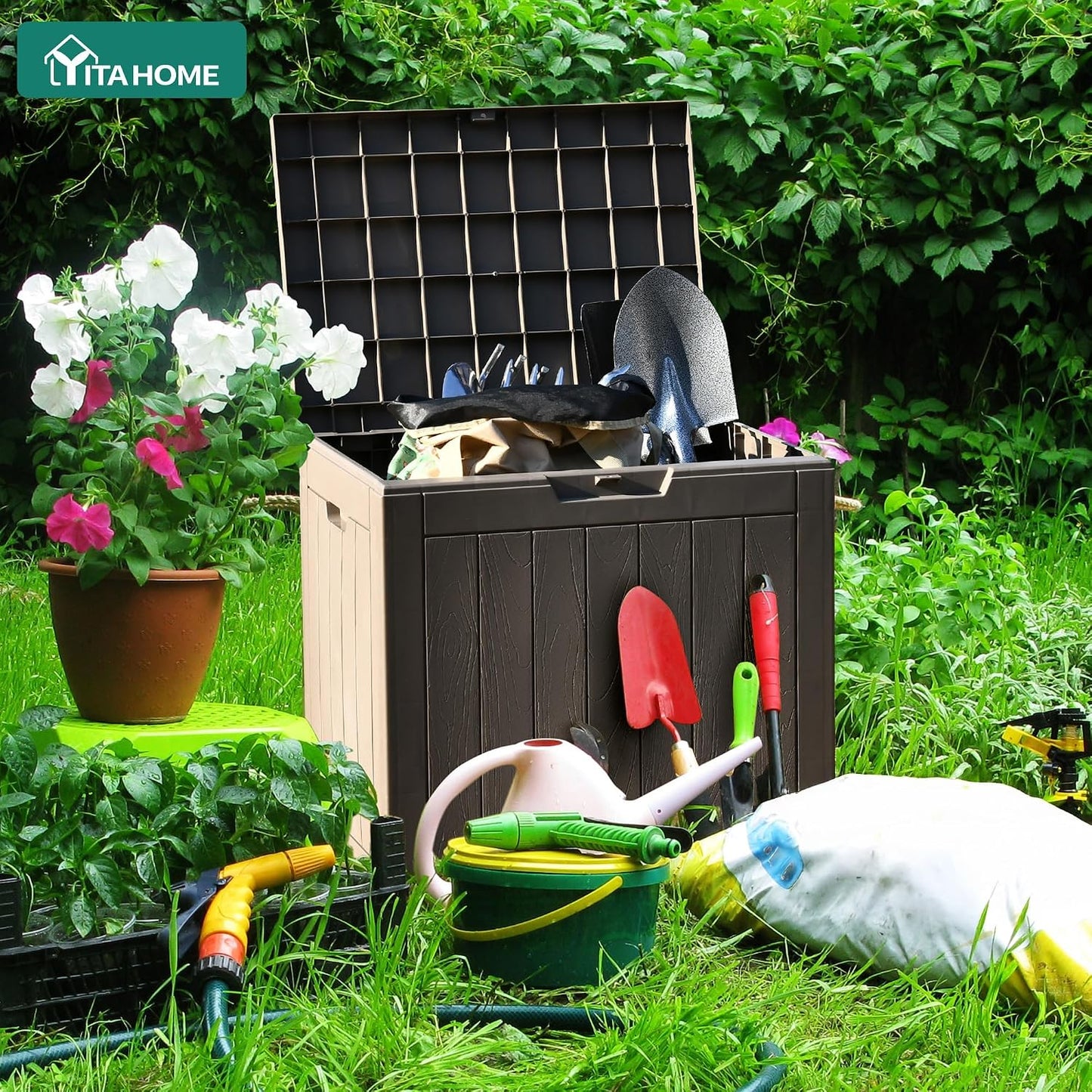 YITAHOME 31 Gallon Outdoor Storage Deck Box | Waterproof Resin Package Delivery and Storage Box with Lockable Lid for Patio Furniture Cushions, Pool Accessories, Garden