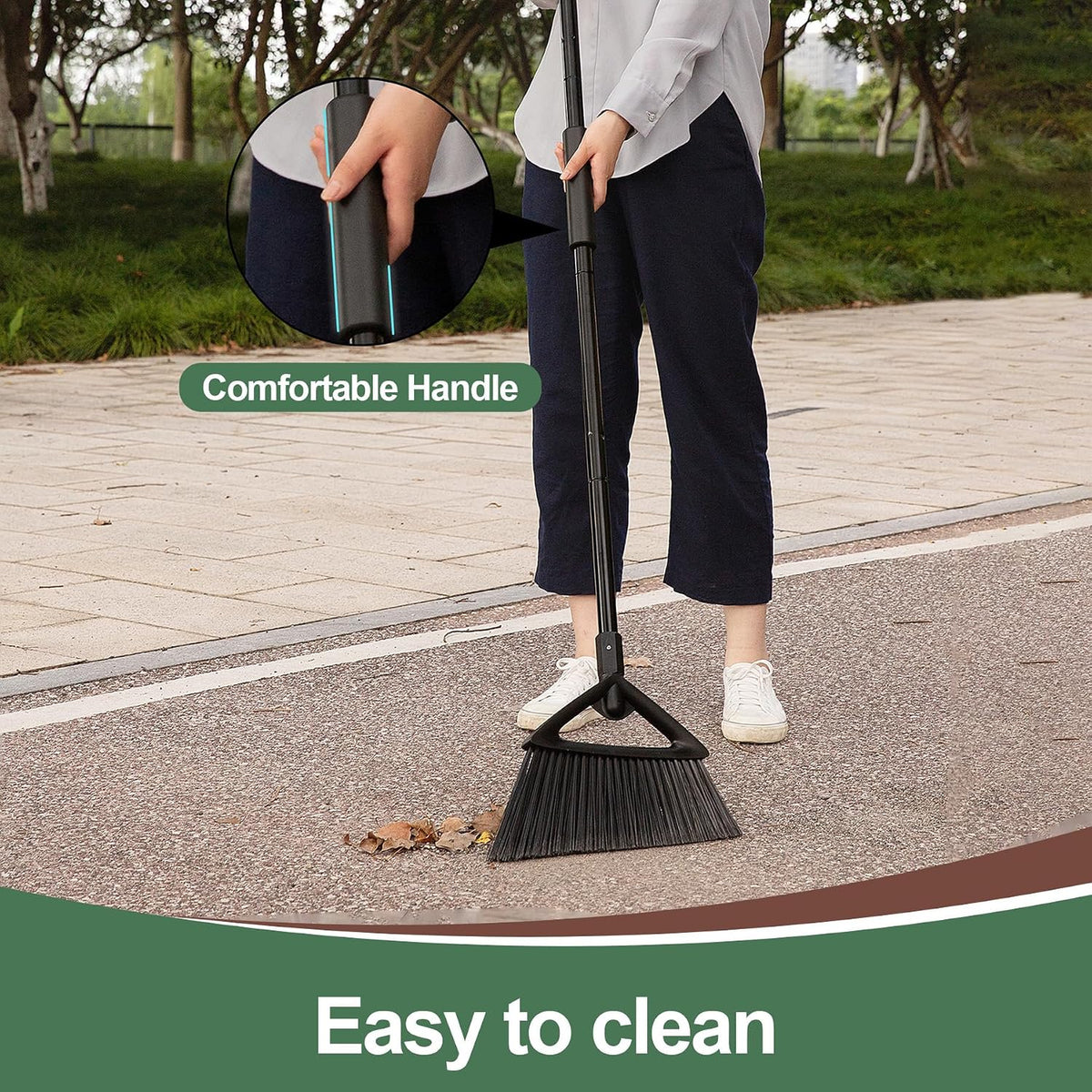 Eyliden Angle Broom with 57" Long Handle, Outdoor Indoor, Green | Heavy-Duty Cleaning, Also Works Well Fine Dust - PET Bristles, Commercial Sweeper for Courtyard Sidewalk Deck Kitchen Lobby
