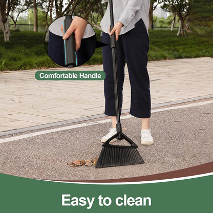 Eyliden Angle Broom with 57" Long Handle, Outdoor Indoor, Green | Heavy-Duty Cleaning, Also Works Well Fine Dust - PET Bristles, Commercial Sweeper for Courtyard Sidewalk Deck Kitchen Lobby