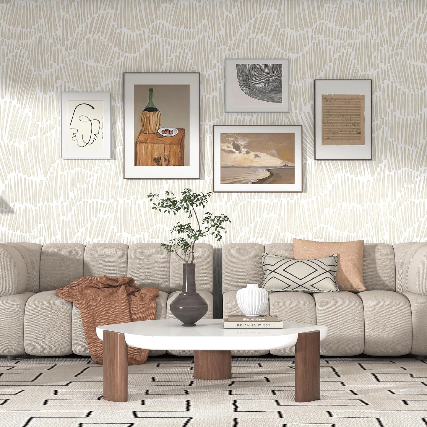 Theper Beige Wallpaper 17.3"×78.8" Modern Striped Peel and Stick Wallpaper Boho Removable Self Adhesive Wall Paper for Bedroom Waterproof White and Gold Contact Paper for Cabinets Vinyl