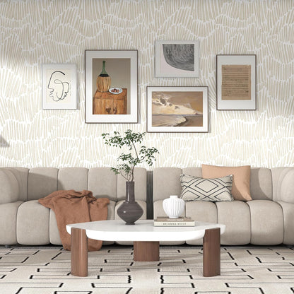 Theper Beige Wallpaper 17.3"×78.8" Modern Striped Peel and Stick Wallpaper Boho Removable Self Adhesive Wall Paper for Bedroom Waterproof White and Gold Contact Paper for Cabinets Vinyl