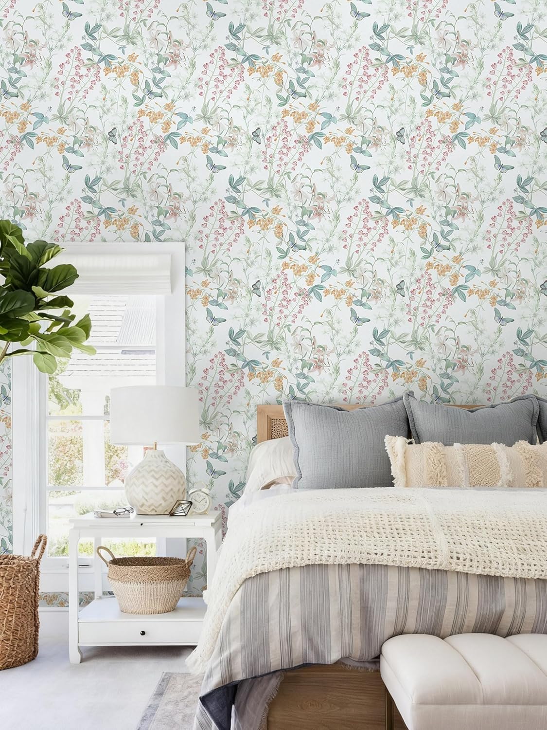 Dimoon 17.3''x78.7'' Vintage Peel and Stick Wallpaper Boho Beige Neutral Contact Paper White Floral Bird Wallpaper Removable Botanical Renter Friendly Modern Wall Paper Bedroom Bathroom Vinyl Roll