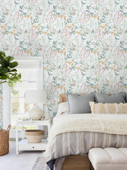 Dimoon 17.3''x78.7'' Vintage Peel and Stick Wallpaper Boho Beige Neutral Contact Paper White Floral Bird Wallpaper Removable Botanical Renter Friendly Modern Wall Paper Bedroom Bathroom Vinyl Roll