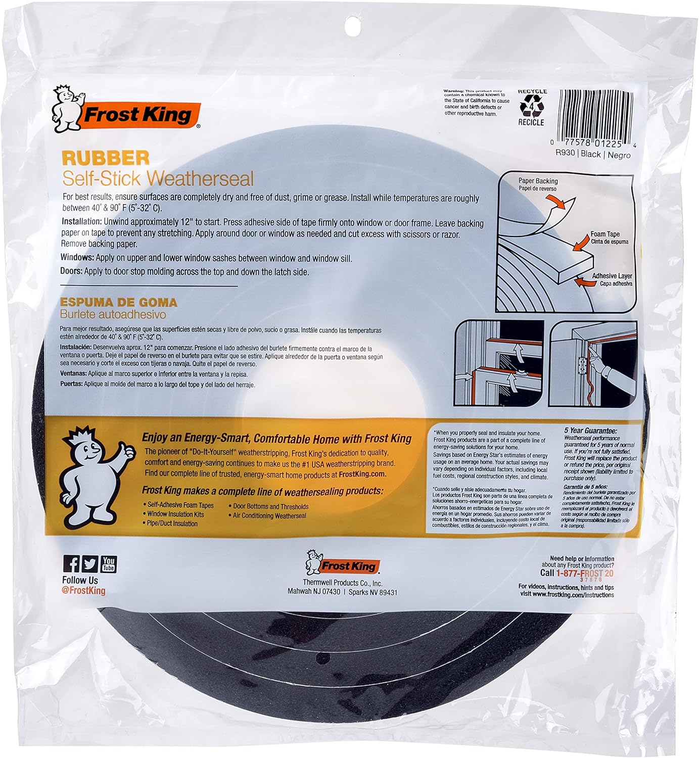 Frost King R338H Self-Stick Rubber Foam Weatherseal, 3/8"W, 3/16"T, Black|Blacks
