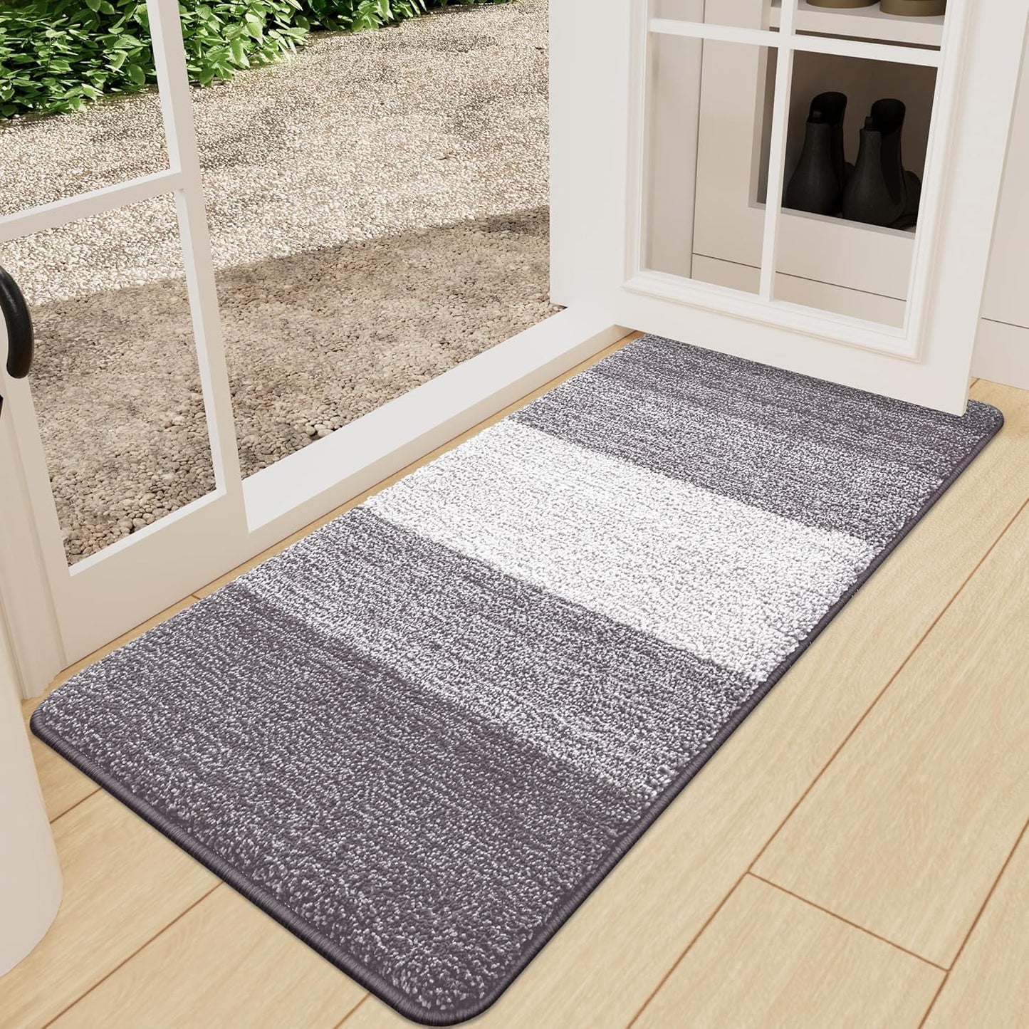 Kitinjoy Indoor Outdoor Door Mat, 32x20 Non-Slip Absorbent Dirt Trapper, Low-Profile Washable Inside Entrance Front Floor Mat, Sturdy Soft Entry Doormats for Entryway, Grey