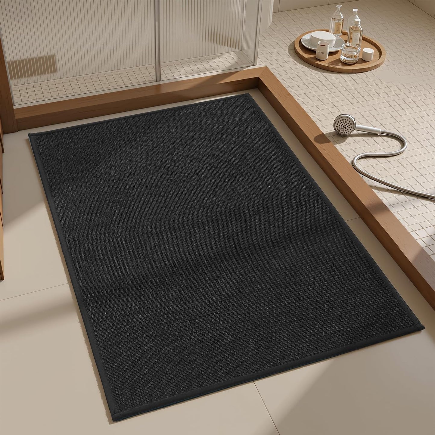 Mecko Bath Mat Rug, Rubber Non-Slip Quick Dry Absorbent Thin Bathroom Rugs Fit Under Door Bathroom Floor Mats-Shower Rug for in Front of Bathtub, Sink, Shower Room(Light Grey,16"x24")