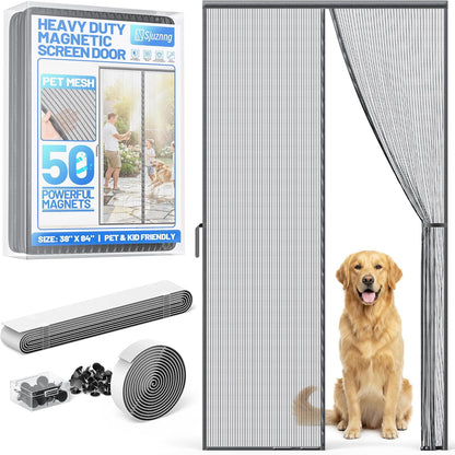 Heavy Duty Magnetic Screen Door Mesh - Auto-Sealing Hand-Free Door Net Screen with 50 Magnets, Pet & Kid Friendly, PET Fine Mesh Doors Screens Keep Bugs & Mosquitos Out Fits Front Doors Size 36” x 82”
