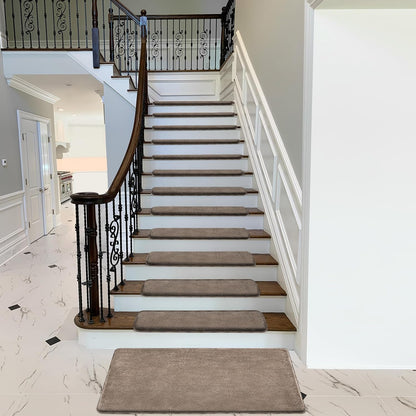 PURE ERA Carpet Stair Treads Ultra Plush 9.5" X 30"Soft Bullnose Indoor Stair Protectors Pet-Friendly Non-Slip Skid Resistant Tape Free Washable Reusable(2 Pieces,Brown)