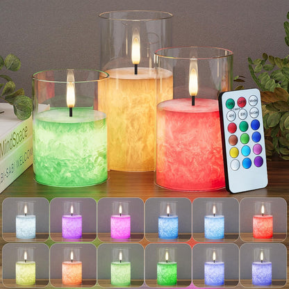 VIODAIM Ice Crystal Real Wax Glass Flameless Candles with Remote & Timer, Battery Operated Candles with Warm Flickering Flame, Realistic LED Candle for Wedding Home Decor [D3×H4/5"/6"] Gold, 3Pack
