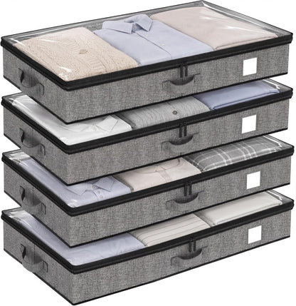 Fixwal Under Bed Storage Containers 4 Pack, Reinforced Underbed Organizer Below 4.5 Inches Low Profile Clothes Storage Bins with Sturdy Sidewalls and Bottom