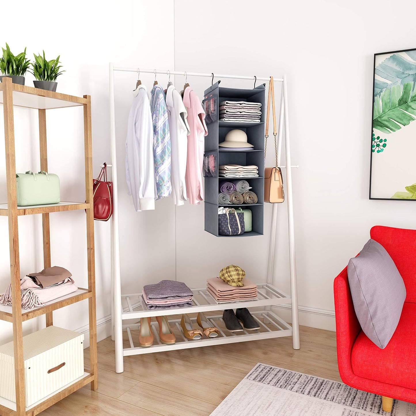 MAX Houser 4-Shelf Hanging Closet Organizer, Space Saver, Cloth Hanging Shelves with 2 Side Pockets, Foldable (Beige)