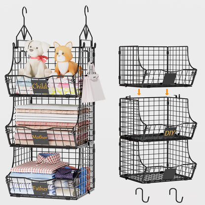 Hanging Closet Organizers and Storage, 3 Tier Closet Shelf Clothes Organizer with 2 S-Hooks, Multi-Functional Iron Wire Baskets, for Clothing, Sweaters, Handbags, Hat, Canned