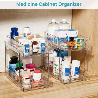 Vtopmart 2 Tier Bathroom Storage Organizer, 2 Pack Clear Under Sink Organizers Vanity Counter Container, Cabinet Drawers Bins, Pull-Out Organization with Track for Pantry, Kitchen