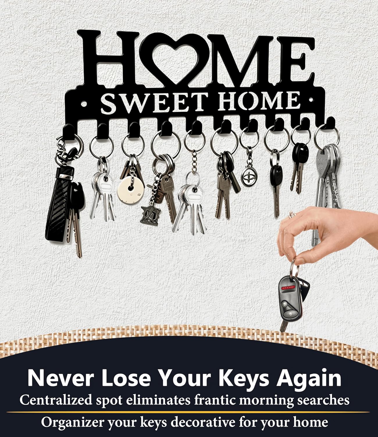 Key Holder Hooks Organizer Hanger Rack Wall Mounted Sweet Home Metal Decor Stylish and Practical for Entryway Front Door Kitchen Hallway Garage Mudroom Office Hardware Included Black