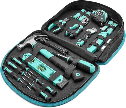 Amazon Basics 104-Piece Home Repair Household Tool Set with Easy Carrying Round Pouch, Portable Hand Tool Kit, Turquoise, 14.4 x 11.4 x 3 inches