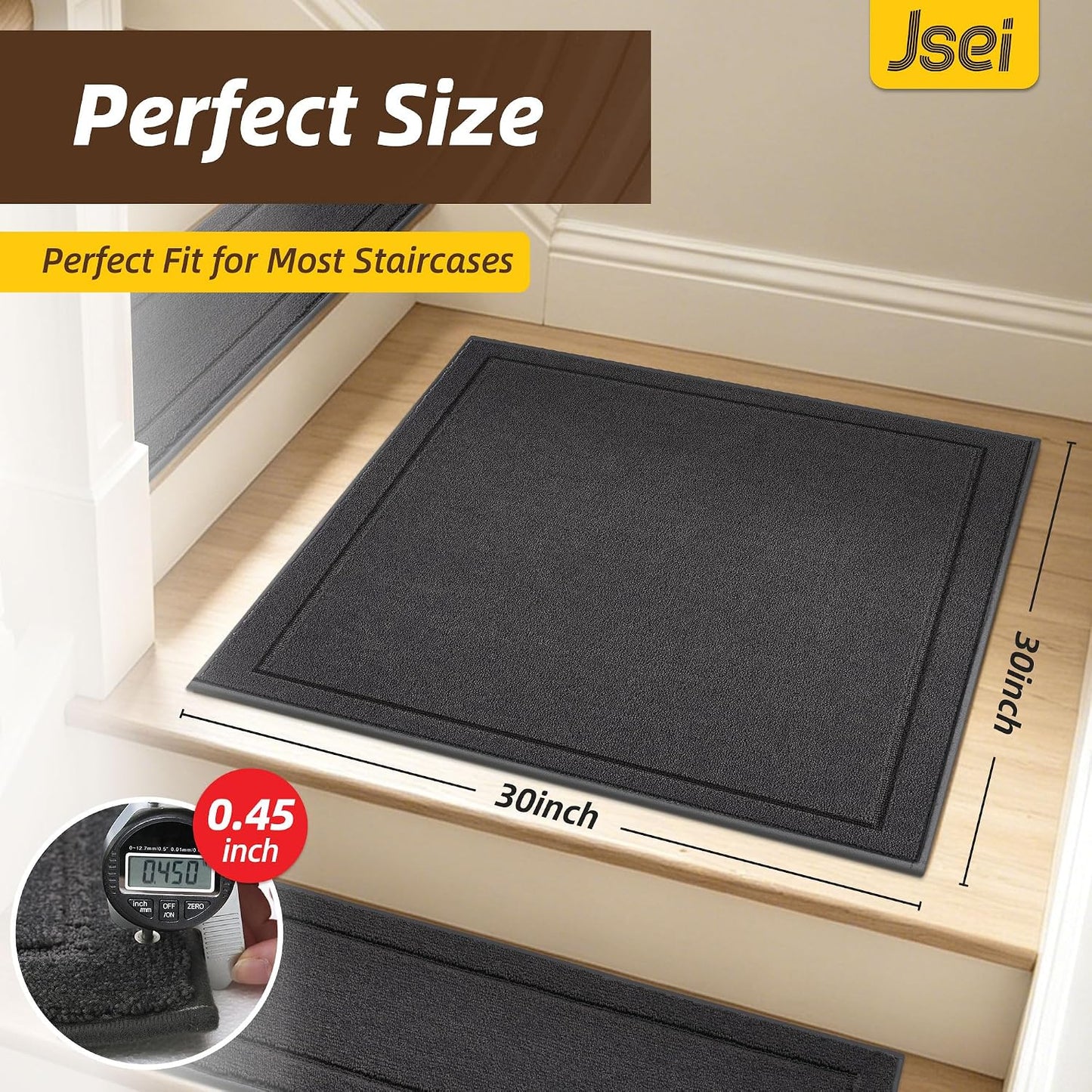 JSEI Stair Treads for Wooden Steps Indoor, 15-Pack Non Slip Stair Treads 30" x 8", Washable Polyester Stair Mats with TPE Backing, Low Profile Stair Rugs for Kids, Seniors and Dogs, Brown